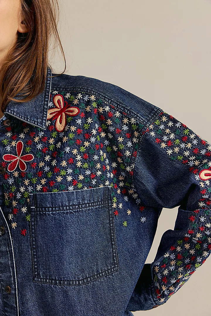 Free People Rainbow Embroidered Denim Top - Rinse Wash - Image 3