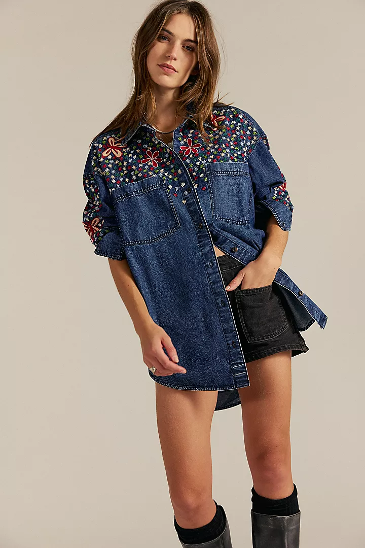 Free People Rainbow Embroidered Denim Top - Rinse Wash - Image 4