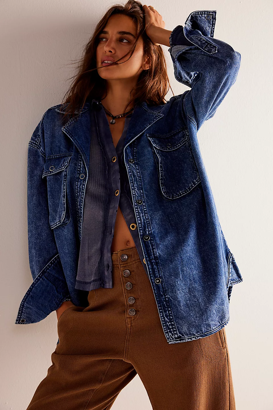 Free People We The Free Izzie Cargo Denim Shirt- Vintage Indigo Wash