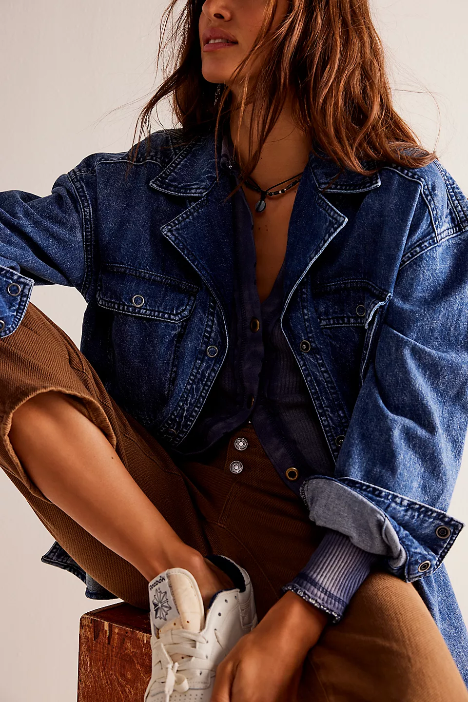Free People We The Free Izzie Cargo Denim Shirt- Vintage Indigo Wash - Image 4