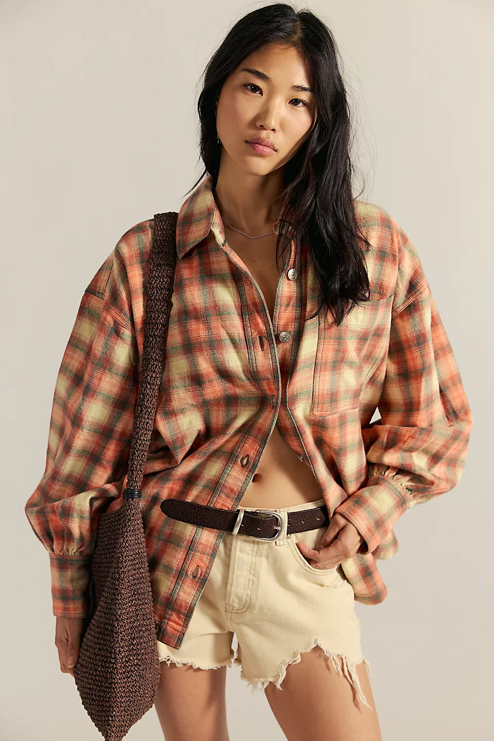 Free People We The Free Ashley Plaid Shirt - Sand Combo - Gia Pla