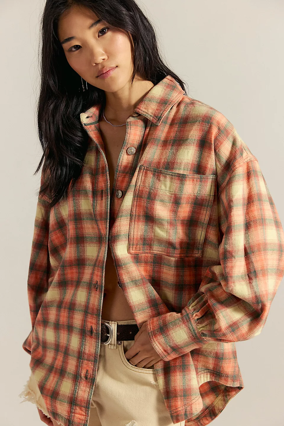 Free People We The Free Ashley Plaid Shirt - Sand Combo - Gia Pla - Image 3