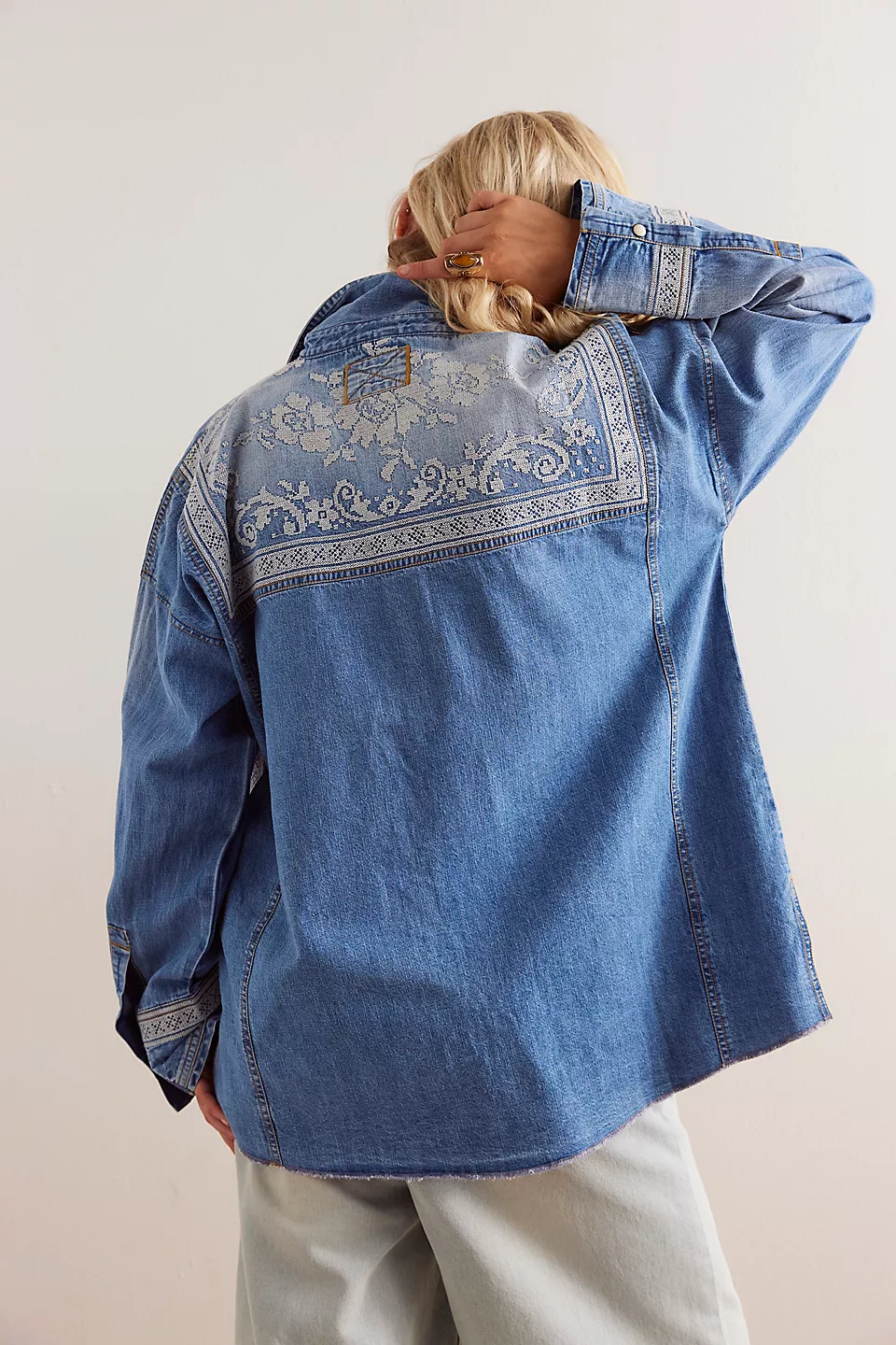 Free People We The Free Lace Embroidered Denim Shirt - MED RANCHER WASH - Image 2