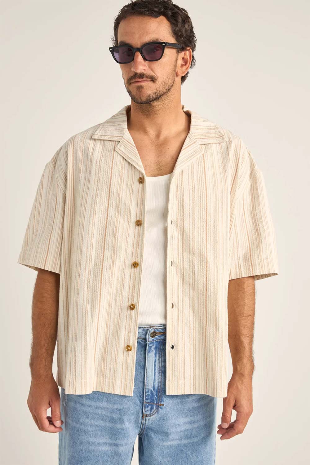 Rhythm Benny Relaxed Stripe Short Sleeve Shirt - Cream