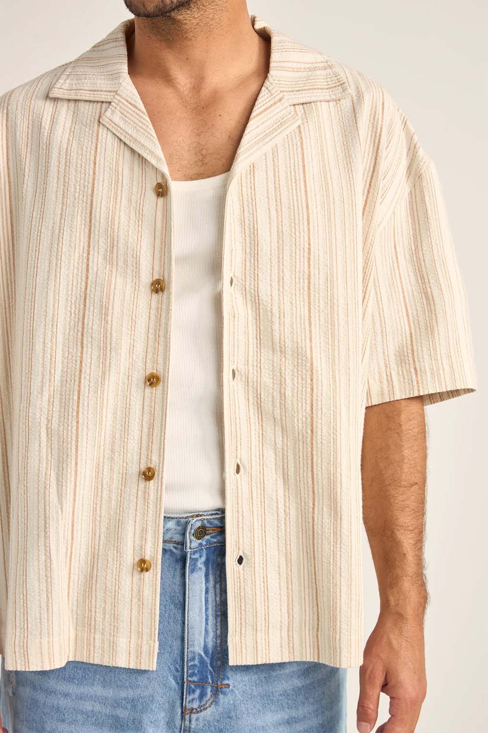 Rhythm Benny Relaxed Stripe Short Sleeve Shirt - Cream - Image 3