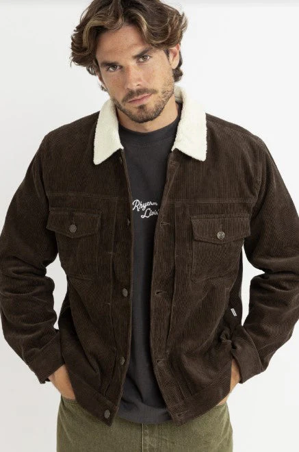 Rhythm Flannel Lined Cord Trucker Jacket - Chocolate - Image 2