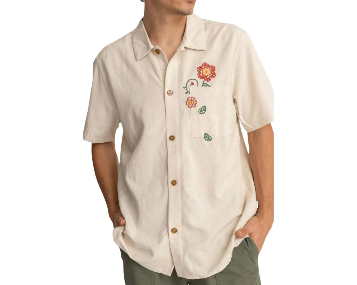 Rhythm Flower Embroidery Shirt - Natural