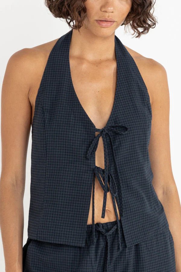 Rhythm Louise Check Halter Top - Navy - Image 2
