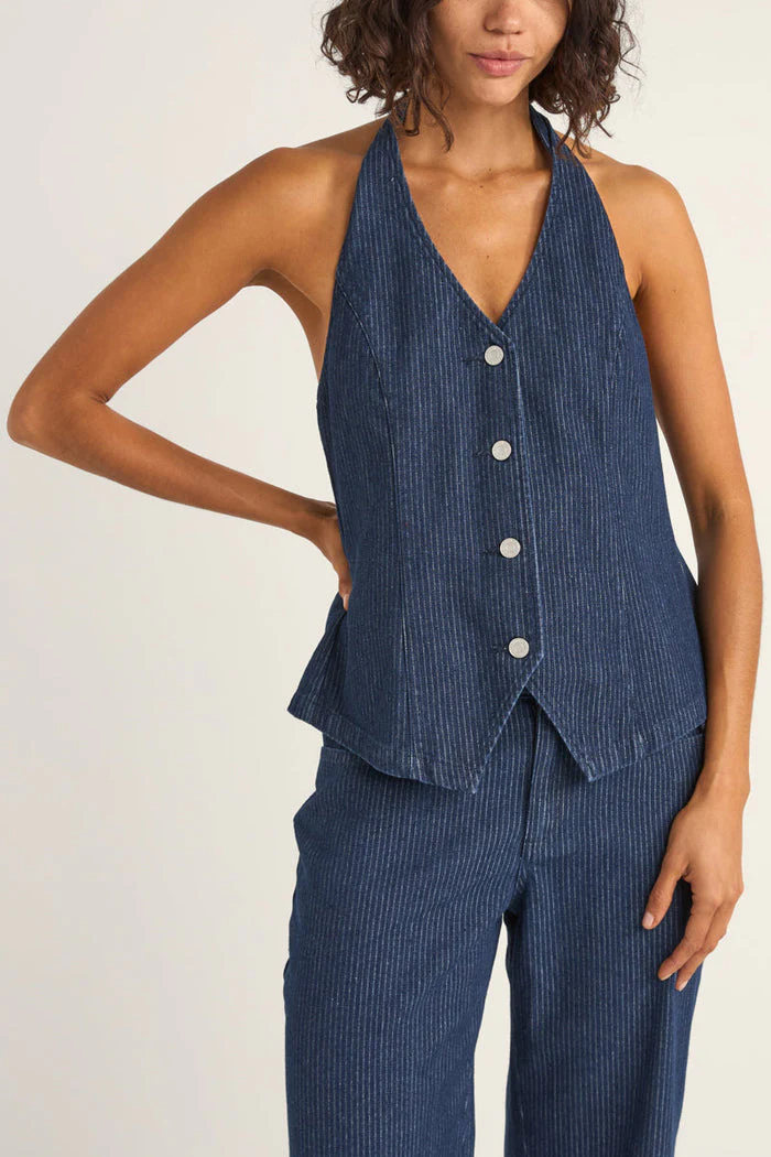 Rhythm Pinstripe Halter Vest - DENIM