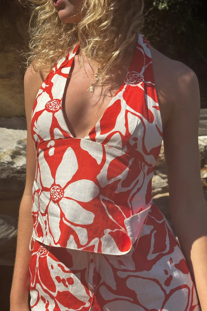 Rhythm Poppy Floral Halter Top - RED