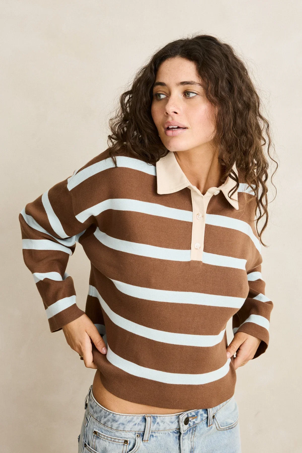 Rhythm Rugby Polo Knit Sweater - Brown - Image 3