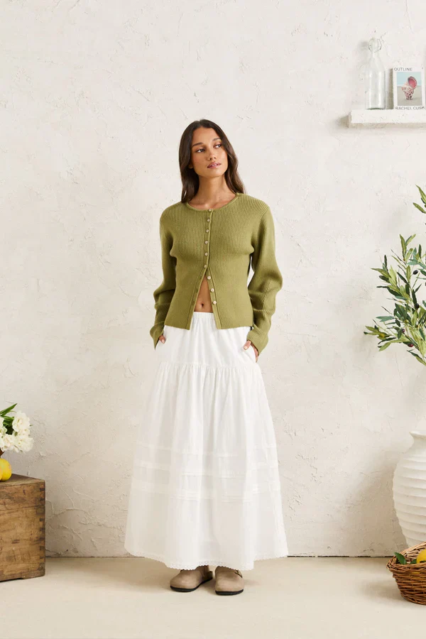 Rhythm Solene Ruffle Midi Skirt - White