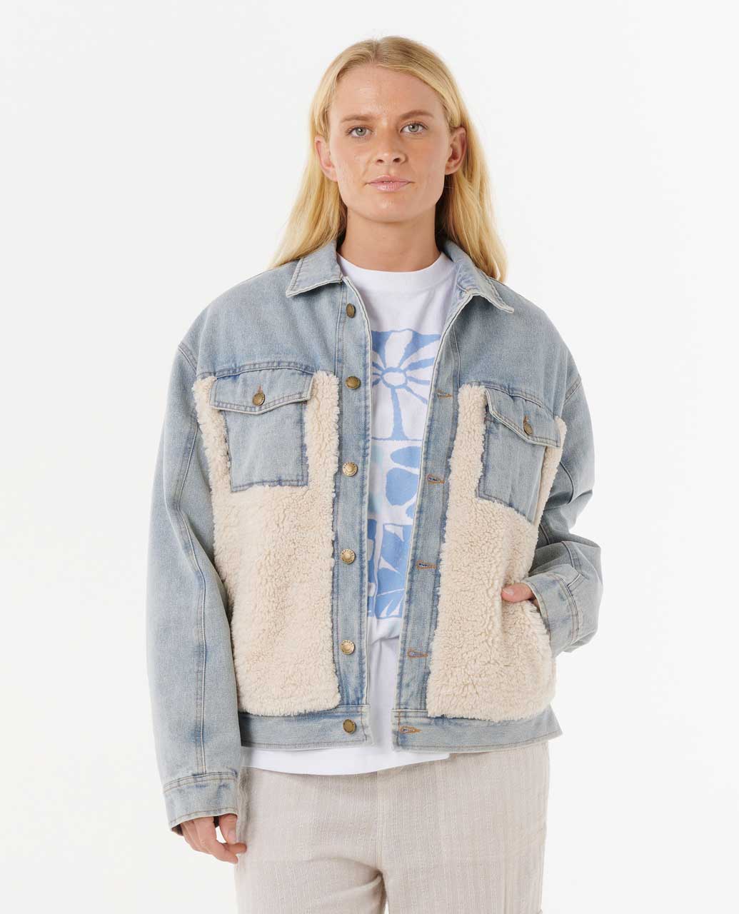 Rip Curl Cruisin' Sherpa Denim Jacket - Washed Blue 9756 - Image 3