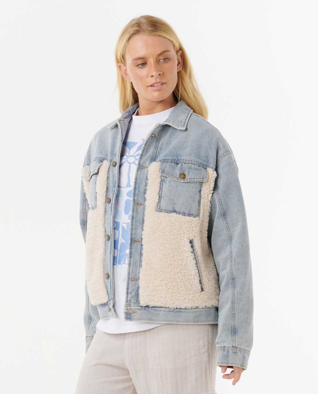 Rip Curl Cruisin' Sherpa Denim Jacket - Washed Blue 9756 - Image 4