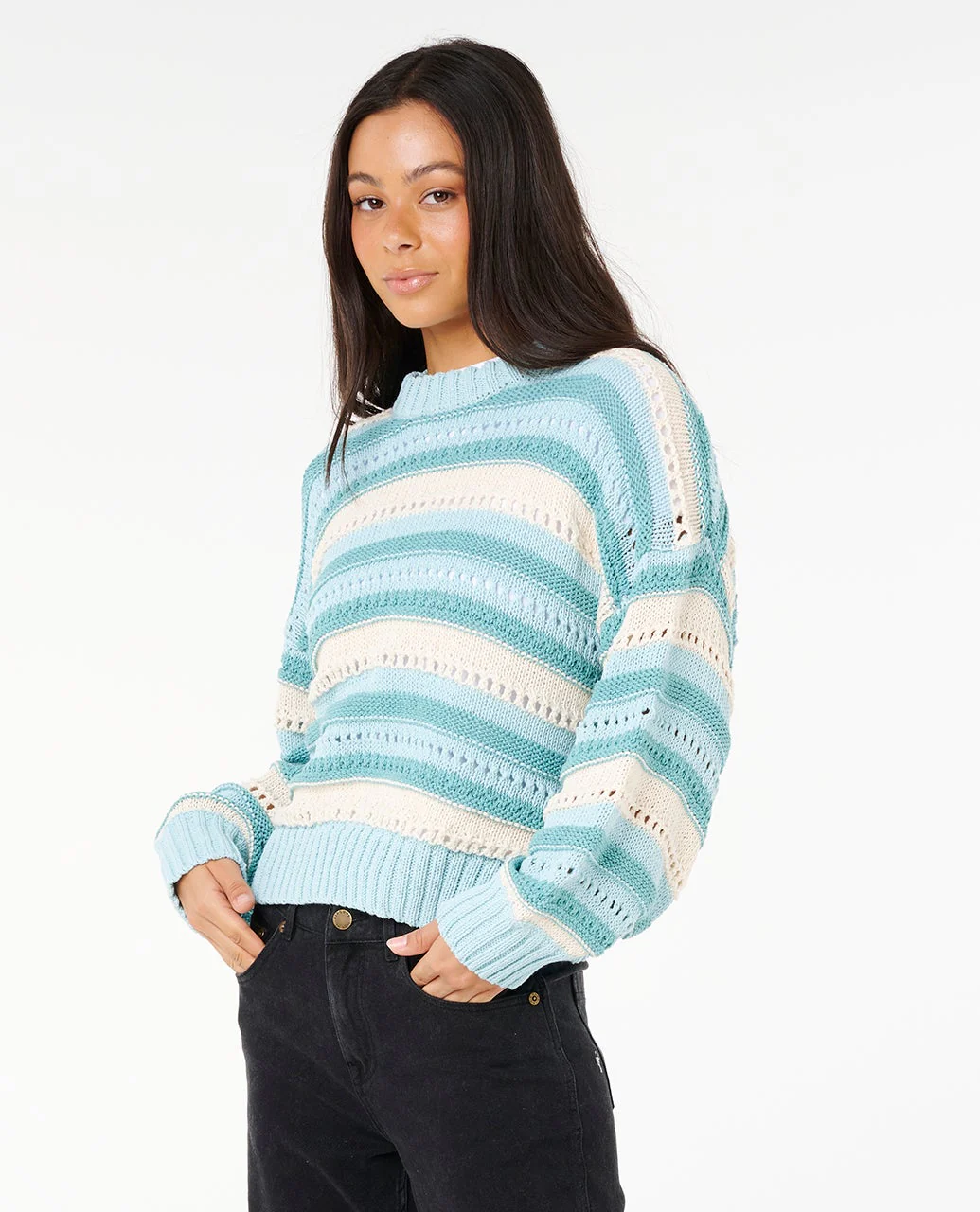 Rip Curl Neon Isles Cotton Stripe Knit - Blue/Natural 2400 - Image 2
