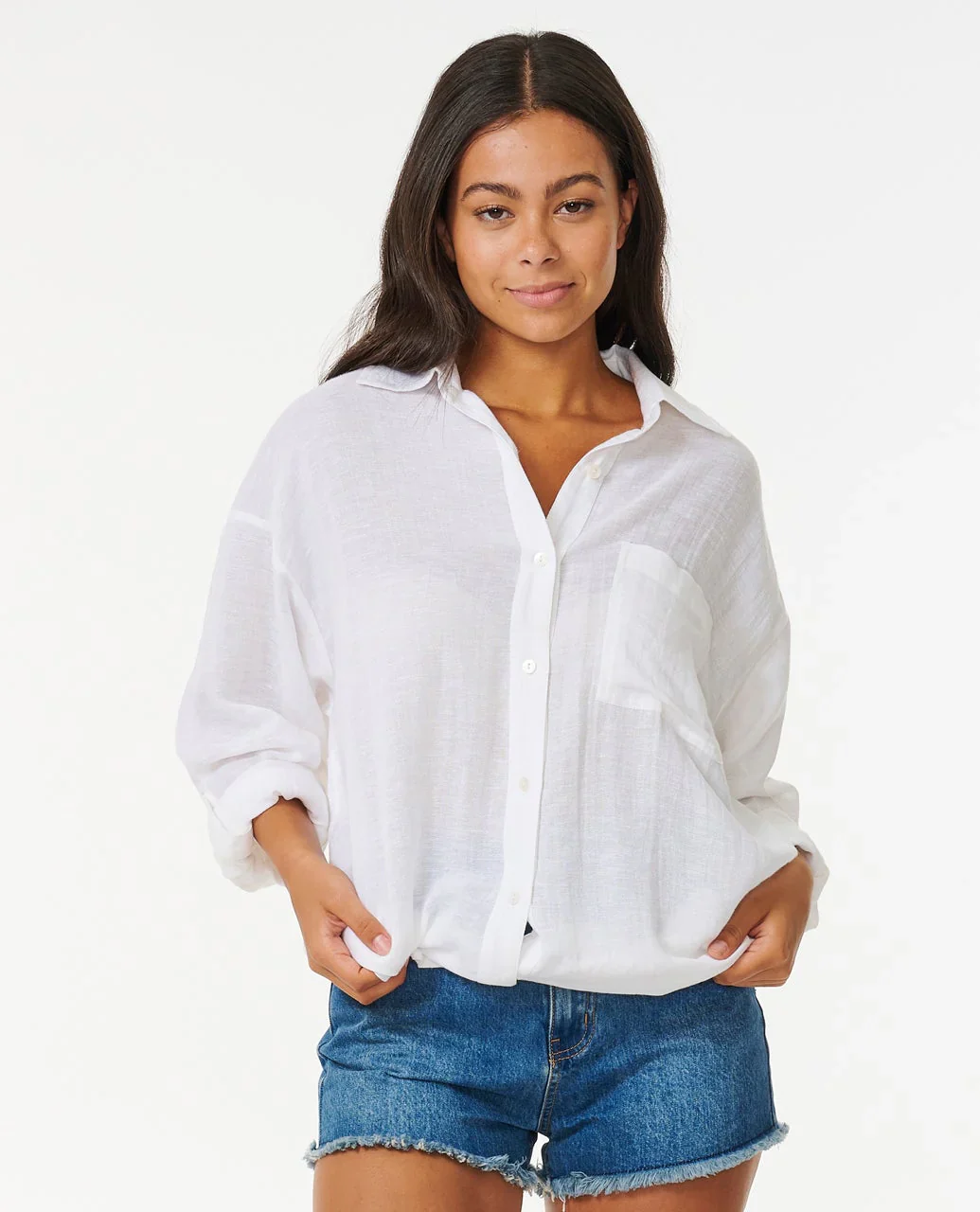 Rip Curl Premium Linen Long Sleeve Button Through Shirt - White 1000