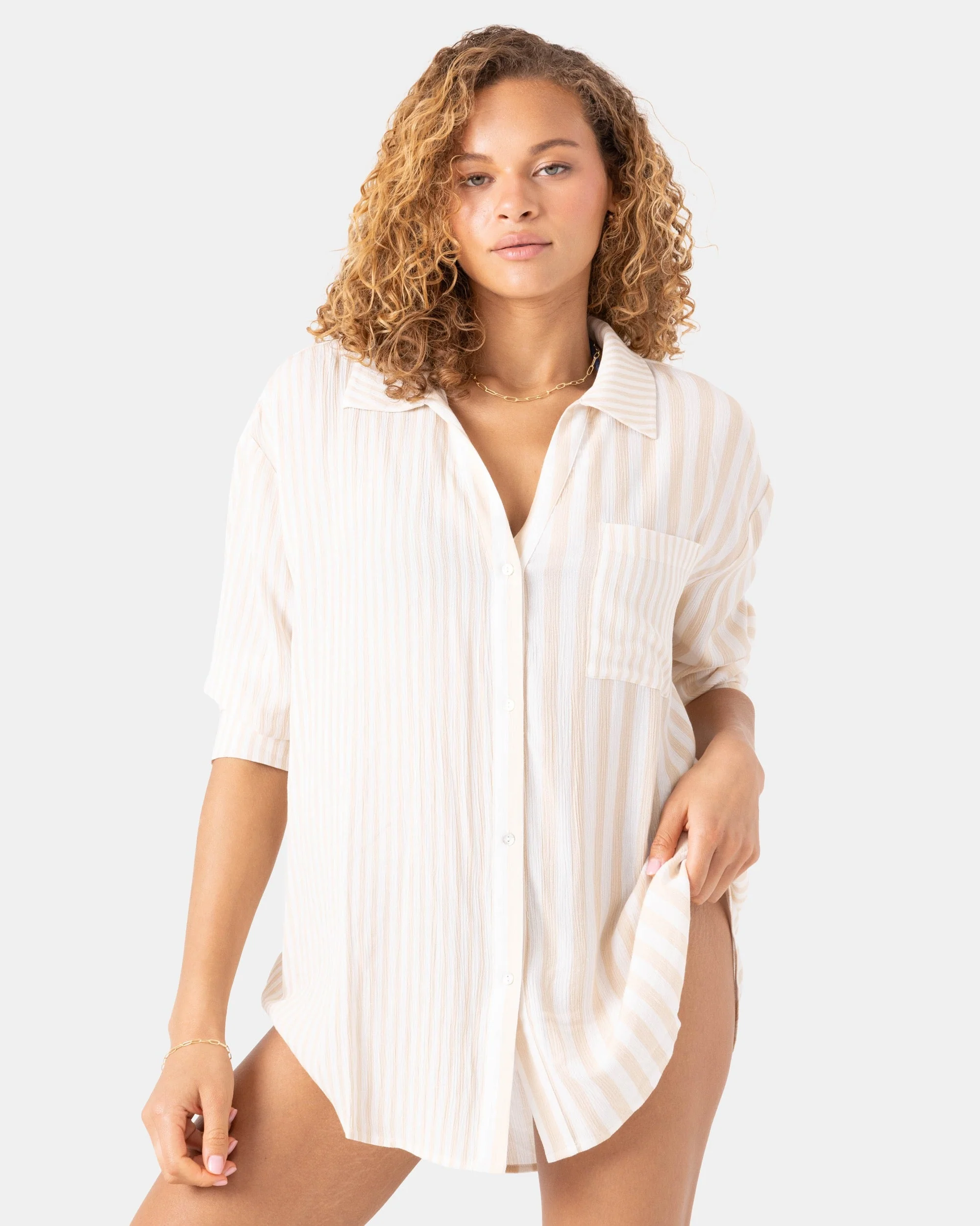 Roxy Women's Stripe Out Cover Up Shirt - Egret Ert