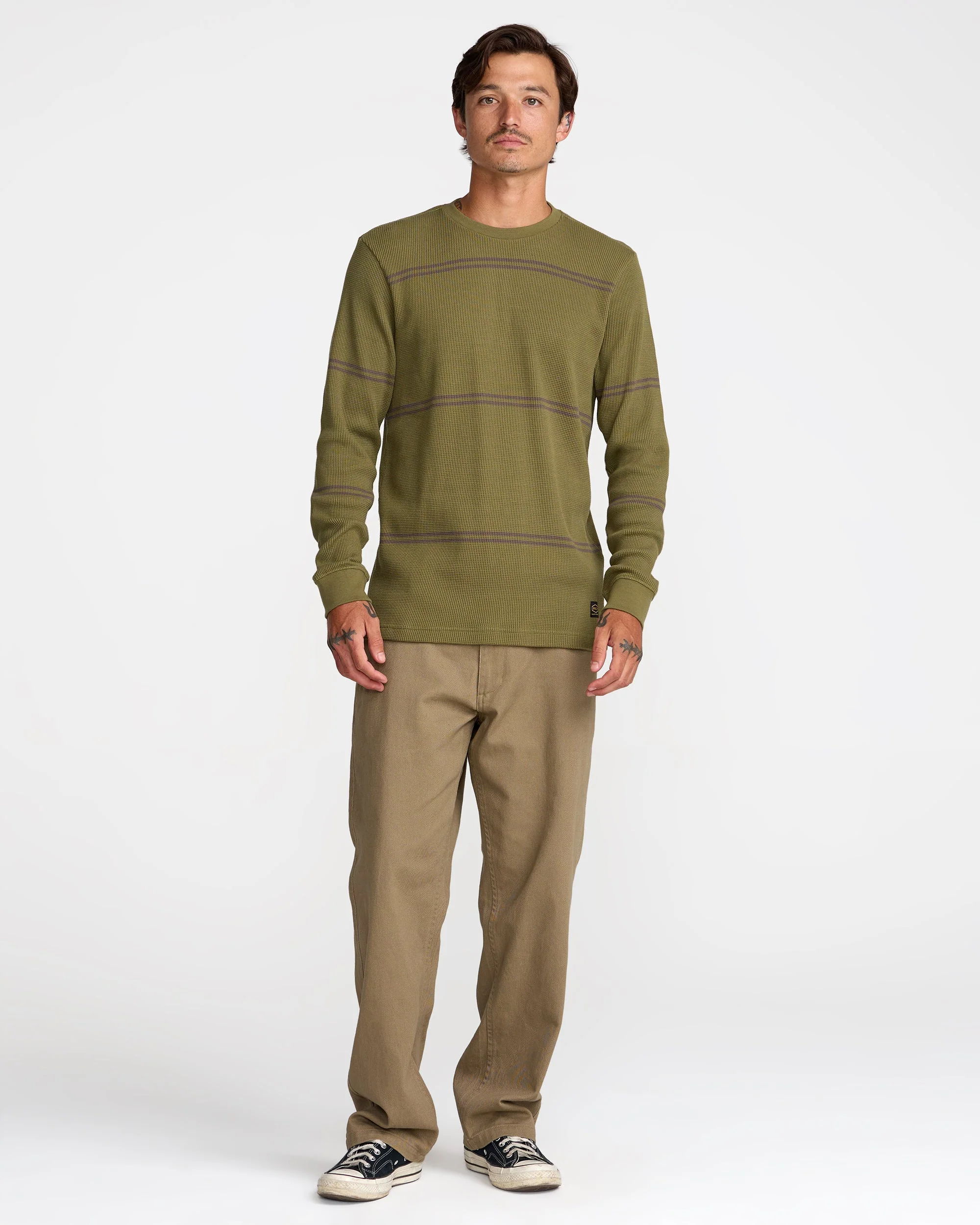 RVCA Dayshift Long Sleeve Stripe Thermal - Olive - Image 5