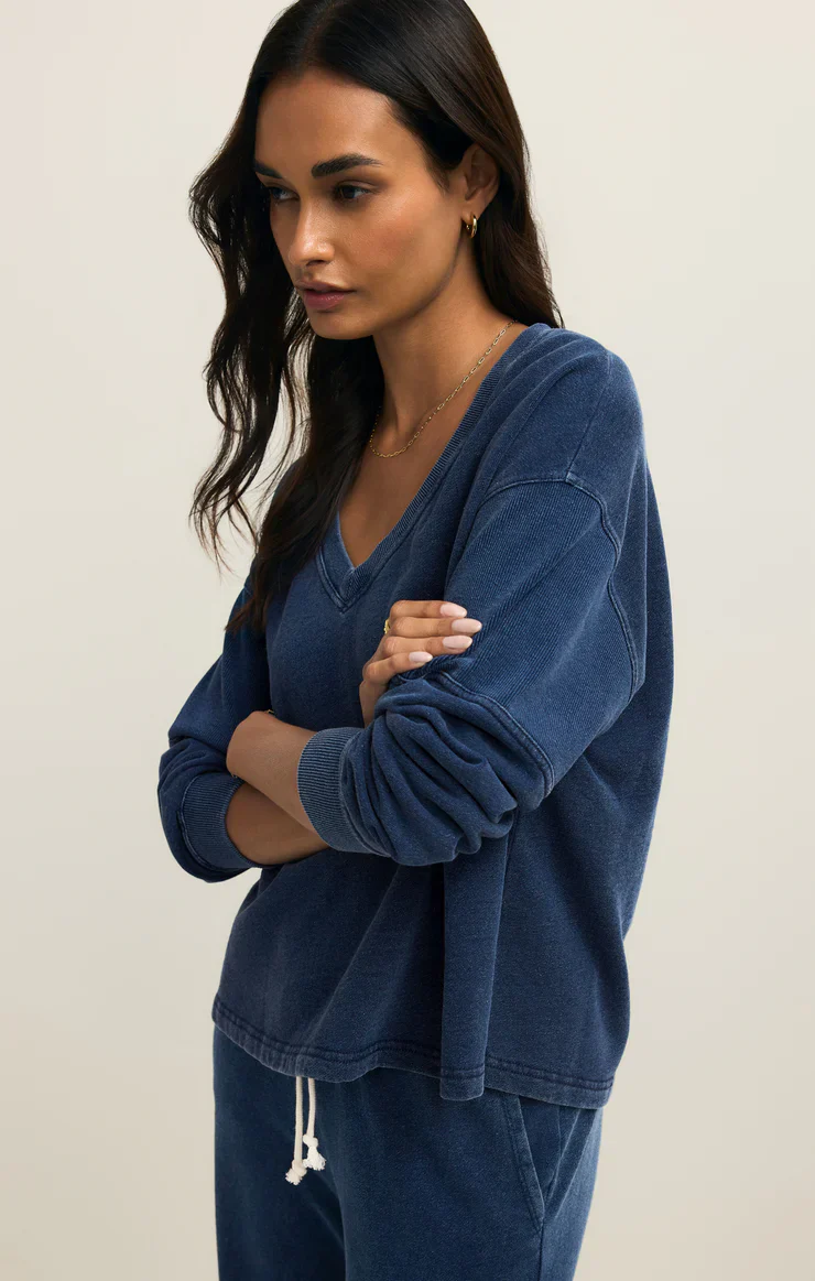 Z-Supply Delphine Knit Denim V-Neck Sweatshirt - Ocean Air Indigo - Image 3