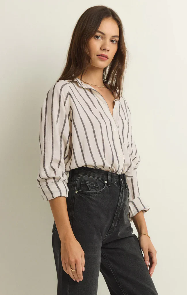Z-Supply Perfect Linen Stripe Top - BLACK - Image 2