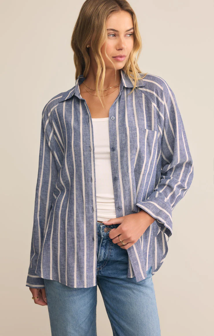 Z-Supply Perfect Linen Striped Top - True Navy - Image 3