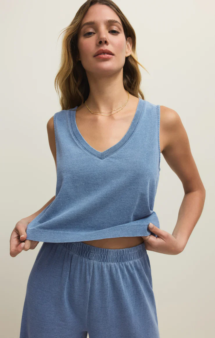 Z-Supply Sloane V-Neck Jersey Denim Top - Santorini Indigo - Image 4